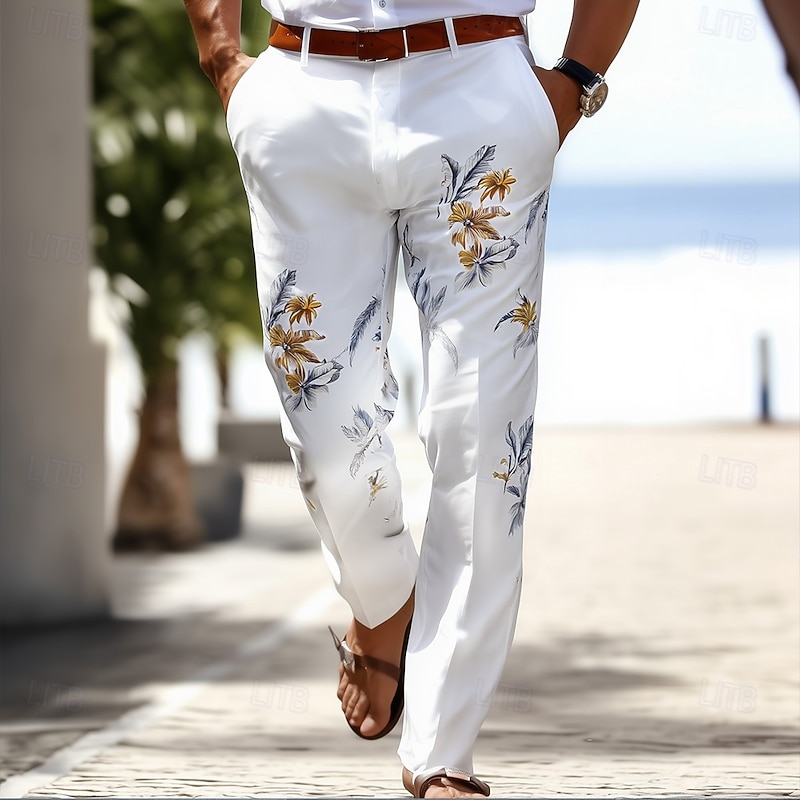 Men's Floral Print Flowers Dress Pants Trousers Suit Pants Mid Waist Casual Outdoor Vacation Regular Fit Flat-Front Straight Leg Pants with Pockets Summer Spring Fall 3D Print White Blue Purple2