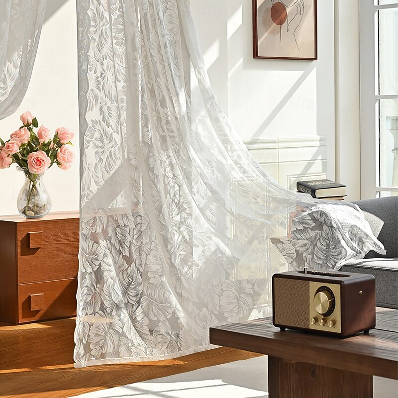 French Lace Curtains,Farmhouse Scalloped Trim Semi Sheer Curtains Embroidered Window Curtains with Hook,Vintage Window Drapes for Living Room Bedroom4