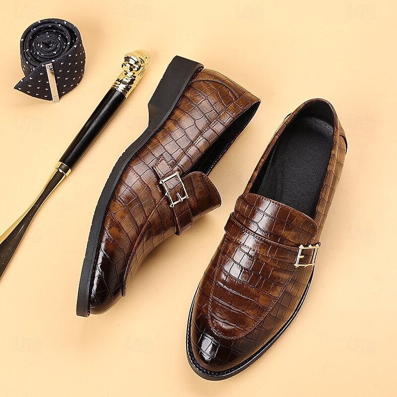 Men's Dark Brown Faux Leather Crocodile Pattern Loafers – Slip-On Business Casual Shoes for Office & Dinner Parties2
