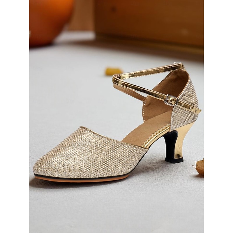 Women's Professional Glitter Mesh Dance Shoes with Gold Metallic Accents and Adjustable Ankle Strap for Ballroom and Latin Dance