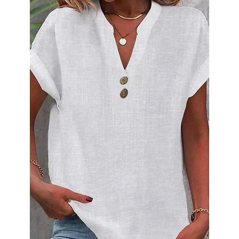 Women's Shirt Blouse Cotton Linen Shirts Solid Color Basic Casual Short Sleeve V Neck Regular Tops Work Daily Buttons White Summer2