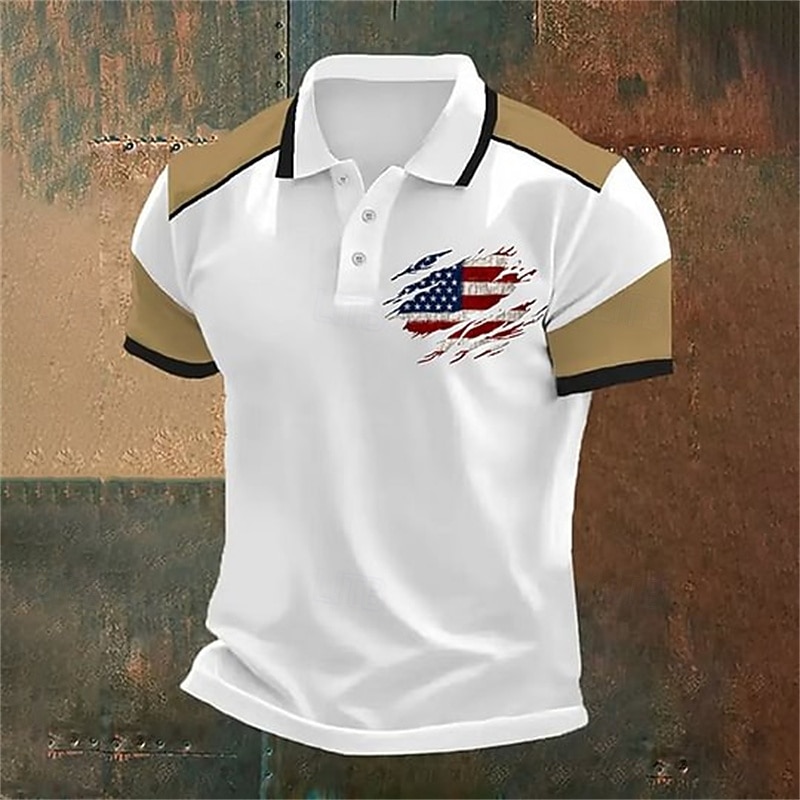 American Independence Day Men's American US Flag Polo Shirts Button Up Polos Golf Shirt Short Sleeve Polo Shirts Lapel Fashion Casual Daily Festival Print Summer Black Red Khaki2