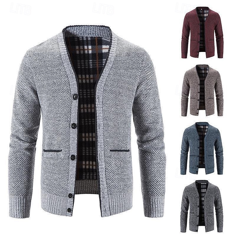 Men's Sweater Cardigan Sweater Ribbed Knit Regular Tops Knitted Plain V Neck Modern Contemporary Casual Casual Daily Wear Clothing Apparel Spring &  Fall Wine Red Blue M L XL