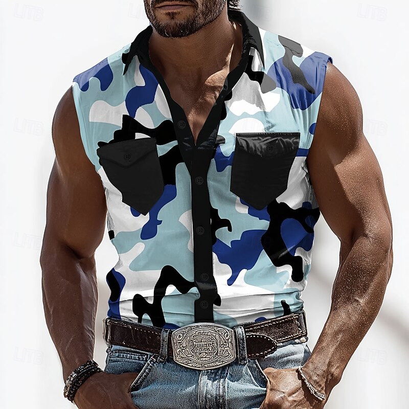 Men's Camouflage Shirt Western Shirt Cowboy Shirt Sleeveless Western Style Outdoor Work Causal Summer Spring Turndown 3D Print Button Up Shirts Black Army Green Blue4