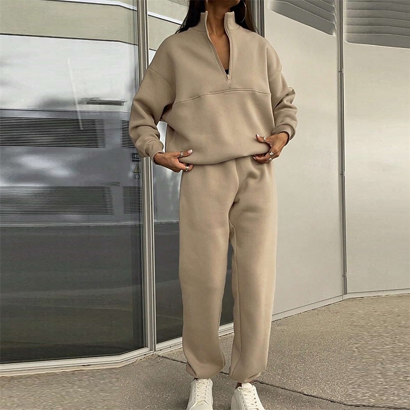 Women's Tracksuit Sweatpants Pullover Sweatshirt Zipper Pocket Solid Colored Clothing Suit Fall Dark Khaki Black Gym Workout Sports Windproof Long Sleeve Sport Activewear Micro-elastic Regular Fit3