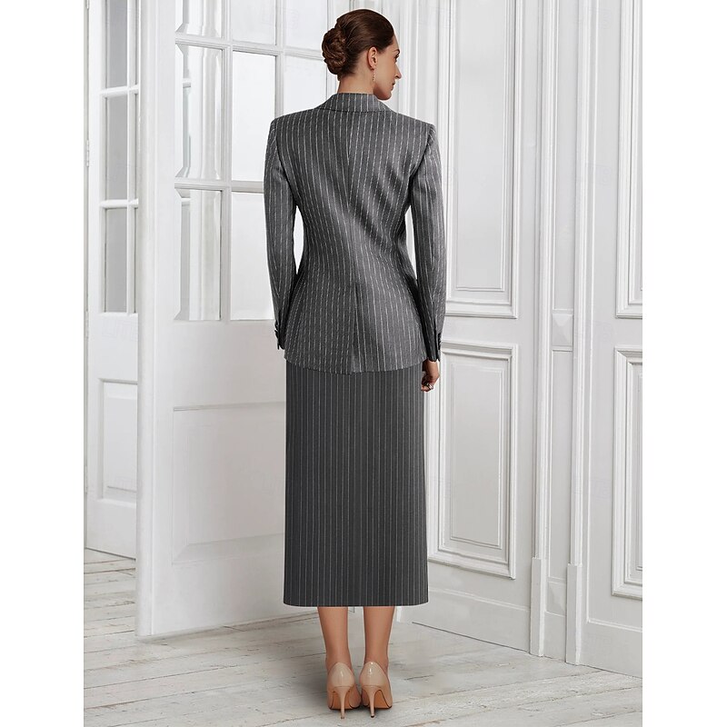 3 Pieces Tuxedo Dress Sets Sheath / Column Formal Wedding Guest Stretch Crepe Pinstripe Elegant Simple Long Sleeve Tea Length Peak Lapel Single Breasted3