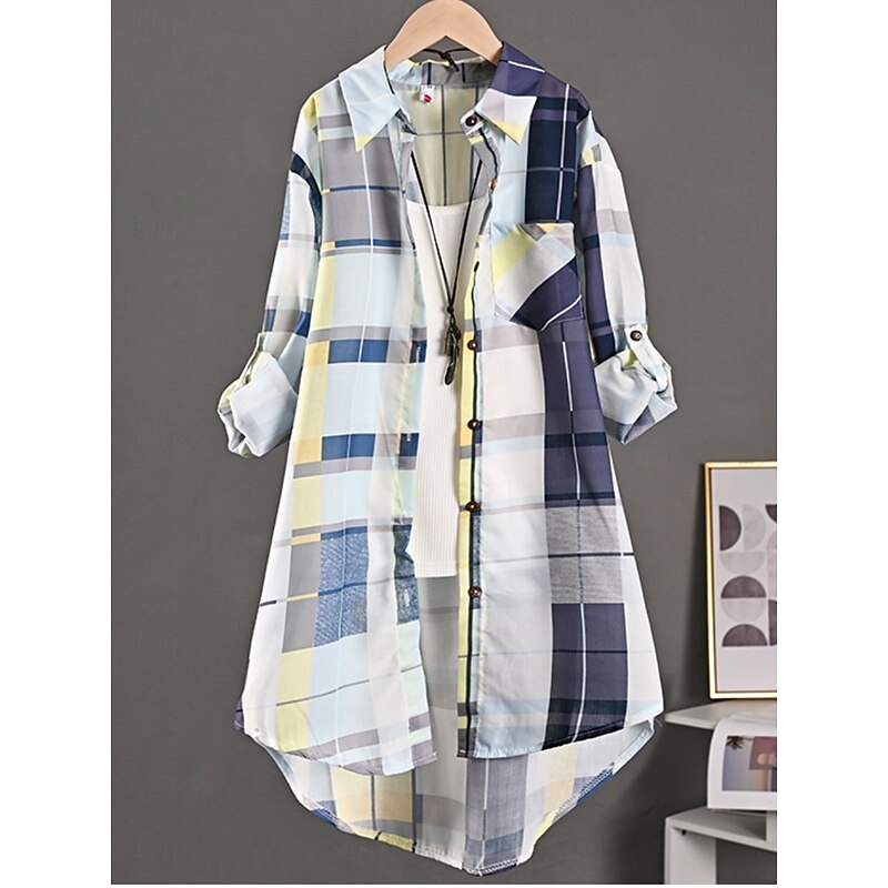Women's Shirt Button Down Blouse Plaid Tropical Stylish Casual Long Sleeve Shirt Button Down Blouse Collar Long Tops Daily Pocket Buttons Print Yellow Green Khaki Spring Fall3