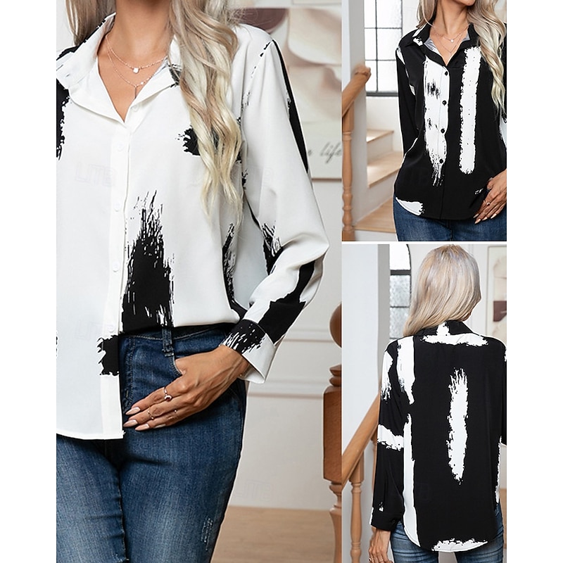 Women's Shirt Abstract Daily Stylish Casual Long Sleeve Shirt Collar Regular Tops Work Daily Holiday Buttons Print Black White Spring Fall