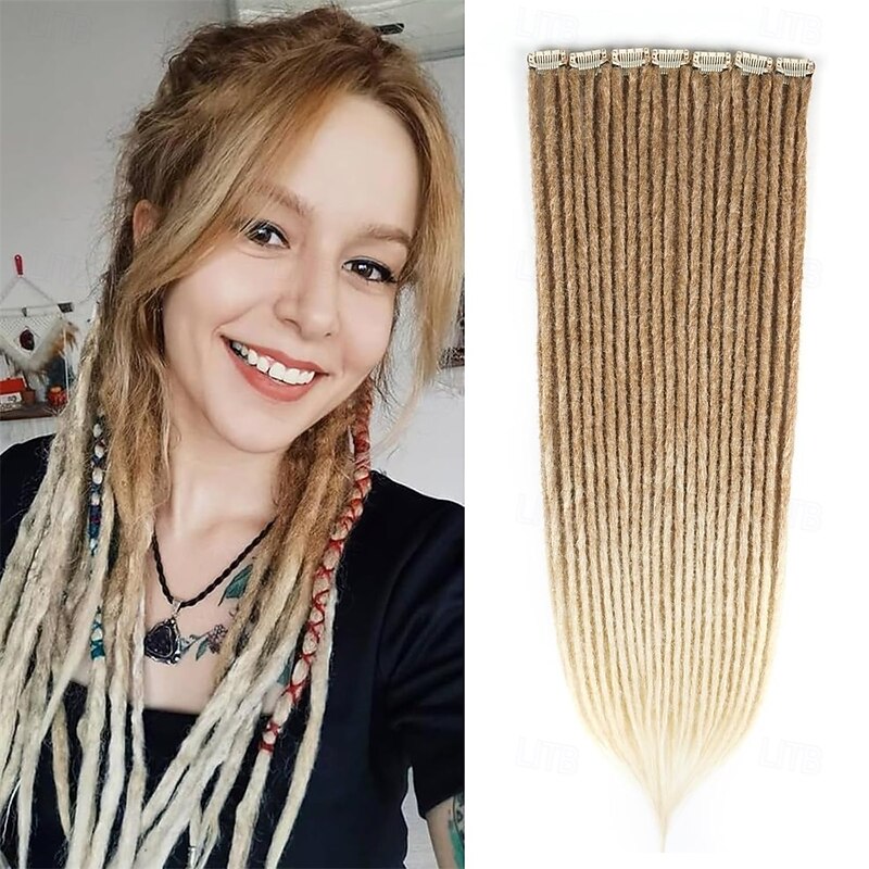 Clip in Dreadlock Hair Extensions 4PCS Clip in Dreads 24 Inch Synthetic Extensions Light Brown to Blonde Long Natural Soft Thin 0.6cm Width Dreadlocks for Women