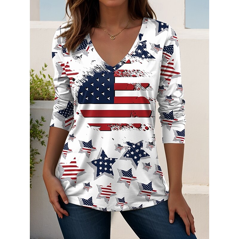 Women's Patriotic T Shirt V Neck Long Sleeve Tunic Flag Geometric Elegant Vintage Fashion Regular Tops Daily Weekend Vacation Wear Print White Red Blue  Spring Prefall