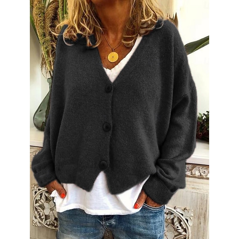 Women's Cardigan Sweater Knitted Ribbed Button Front V NeckLong Sleeve Lightweight Elegant Fashion Streetwear Pure Color Regular Tops Knit Outdoor Daily Weekend Black Red Fall Winter2