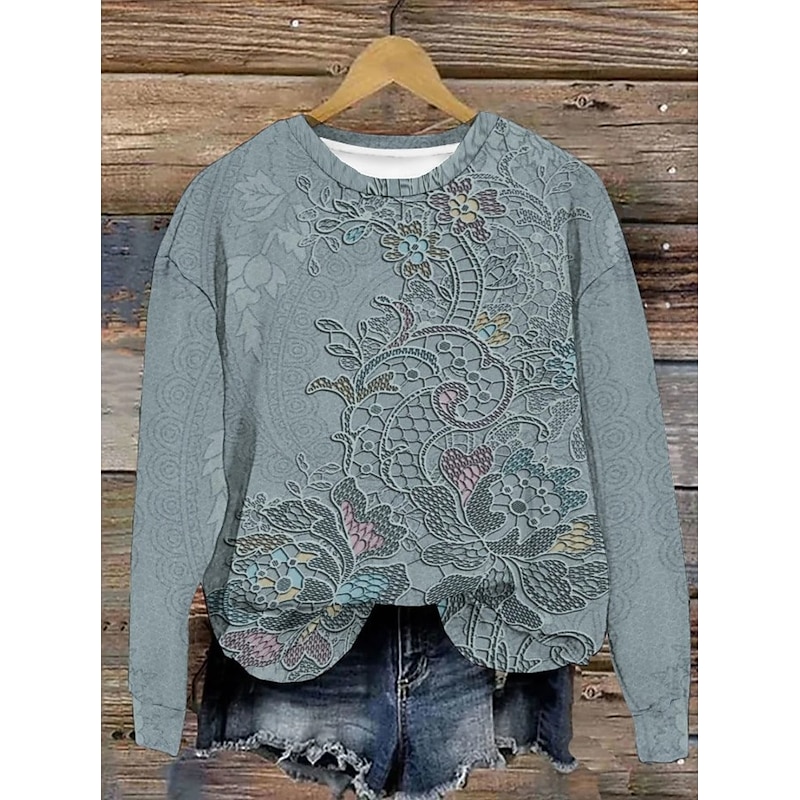 Women's Pullover Sweatshirt Floral Warm Vintage Western Long Sleeve Crew Neck Regular Tops Home Street Dailywear Print White Dark Pink Blue Green Gray Summer Spring Fall Winter2