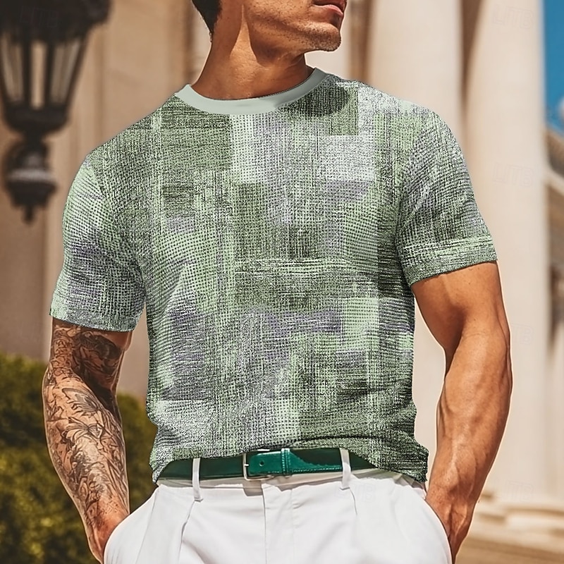 Men's Geometric Plaid Waffle Shirt Short Sleeve T shirt 3D Print Crew Neck Shirt Fashion Casual Comfortable Street Casual Daily Blue Brown Green Summer Spring Clothing Apparel S M L XL XXL XXXL3