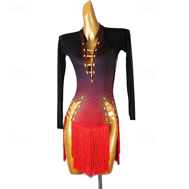 Latin Dance Dress Tassel Rhinestones Women's Performance Long Sleeve Salsa Competition Dresses Rumba Dancewear Clothes4