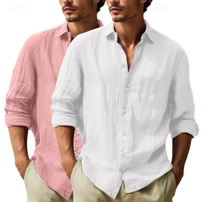 Men's Shirt Linen Shirt Summer Shirt Beach Wear Button Up Shirt Plain Vacation Curise White+Pink White+khaki Black+dark green Gray+Khaki Long Sleeve Lapel Summer Spring Clothing Apparel Plain3