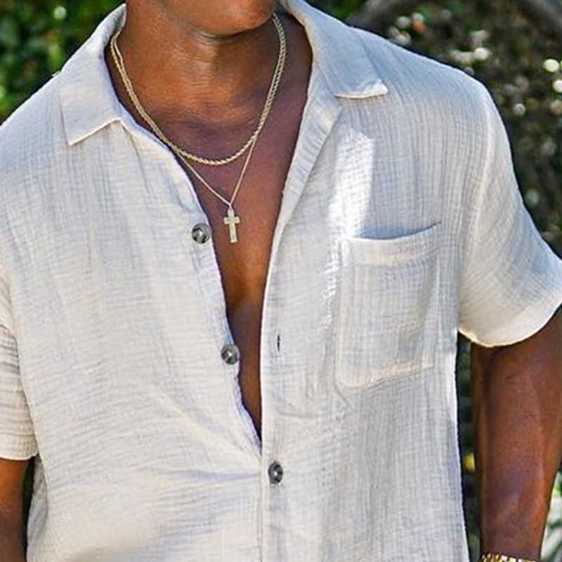 Men's Shirt Linen Shirt Summer Shirt Beach Wear Button Up Shirt Seersucker Shirt Solid Color Vacation Street White Pink Khaki Short Sleeves Shirt Collar Summer Spring Clothing Apparel2