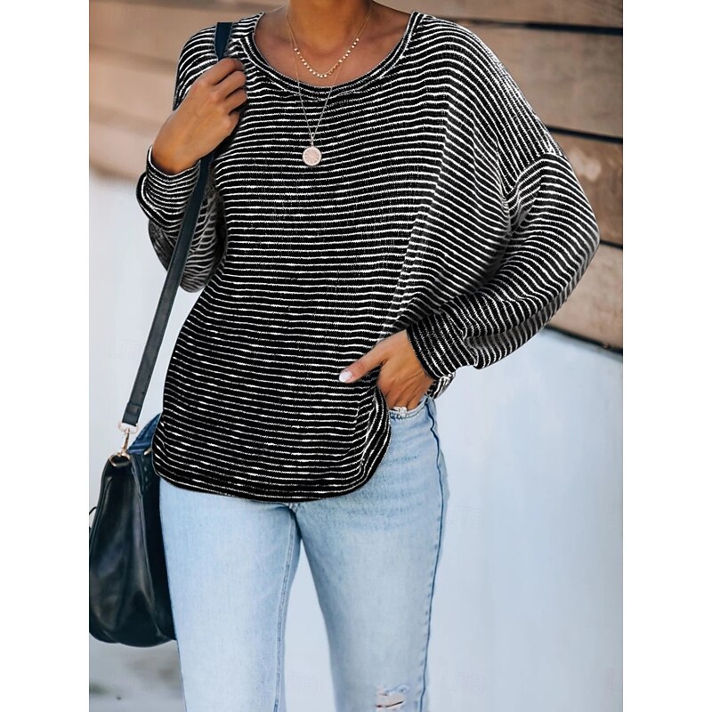 Women's Blouse Striped Stylish Casual Long Sleeve Crew Neck Regular Tops Daily Print Black Gray  Spring Fall Prefall2