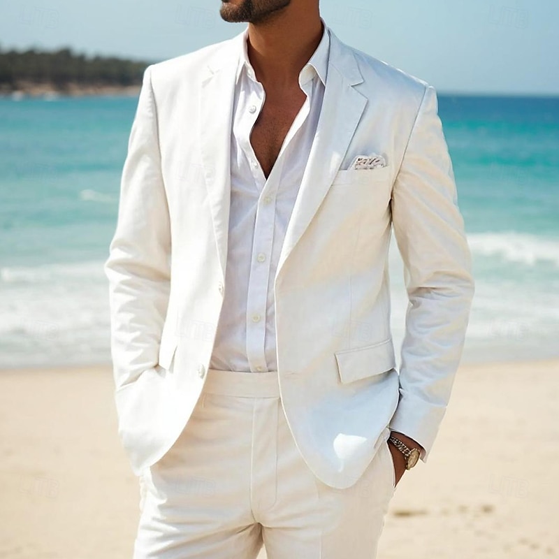 Men's Wedding Casual Suits White Daily Street Style Solid Colored Standard Fit 2 Piece Single Breasted Two-buttons - Main Image