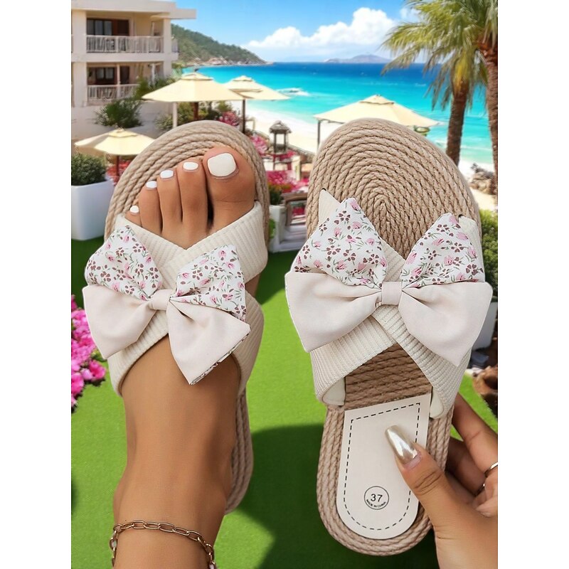Women's Floral Bow Slip-On Rope Sandals – Cute Summer Beach Slides with Woven Sole for Vacations, Garden Parties, and Casual Daily Wear