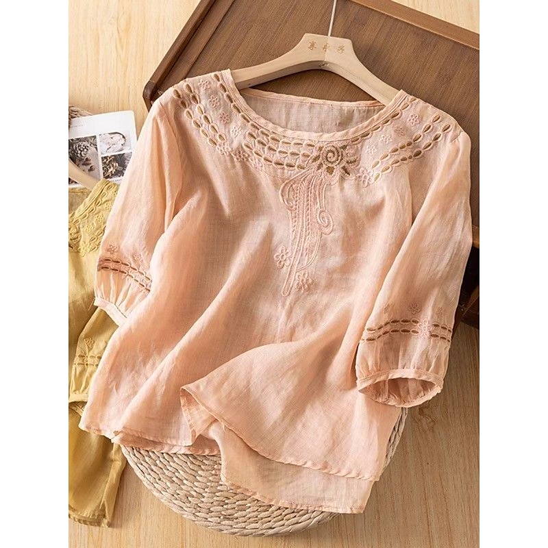Women's Shirt Cotton Linen Shirts Blouse Solid Color Basic Casual 3/4 Length Sleeve Crew Neck Regular Tops Daily Lace Patchwork Black Yellow Pink Green Summer
