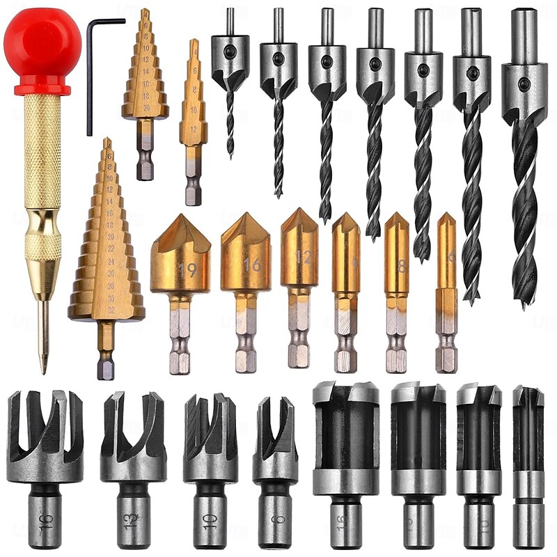 26 Pack Woodworking Chamfer Drilling Tools, Including Countersink Drill Bits, Wood Plug Cutter, Step Drill Bit, Center Punch, L-Wrench2