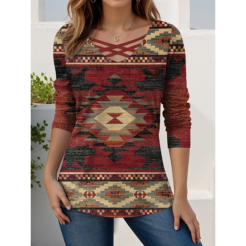 Women's T Shirt Graphic Geometric Abstract Vintage Stylish Modern Long Sleeve V Neck Regular Tops Daily Cut Out Print Red Brown Khaki Spring Fall4