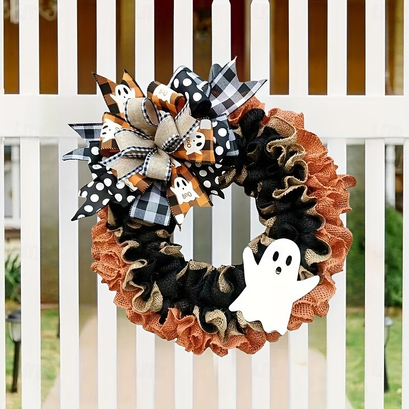 Halloween Wreath for Front Door, Cute Ghost BOO Burlap Bow Grapevine Wreath, Spooky Halloween Festival Hanging Decor2