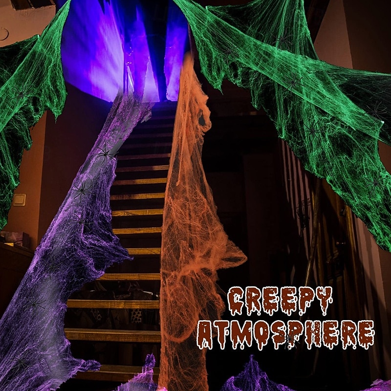 Halloween Spider Webs 1200 Sqft with 30 Fake Spiders Colorful Halloween Party Indoor and Outdoor Decorations Colored Stretch Cobwebs for Halloween Party Decorations Bar House3