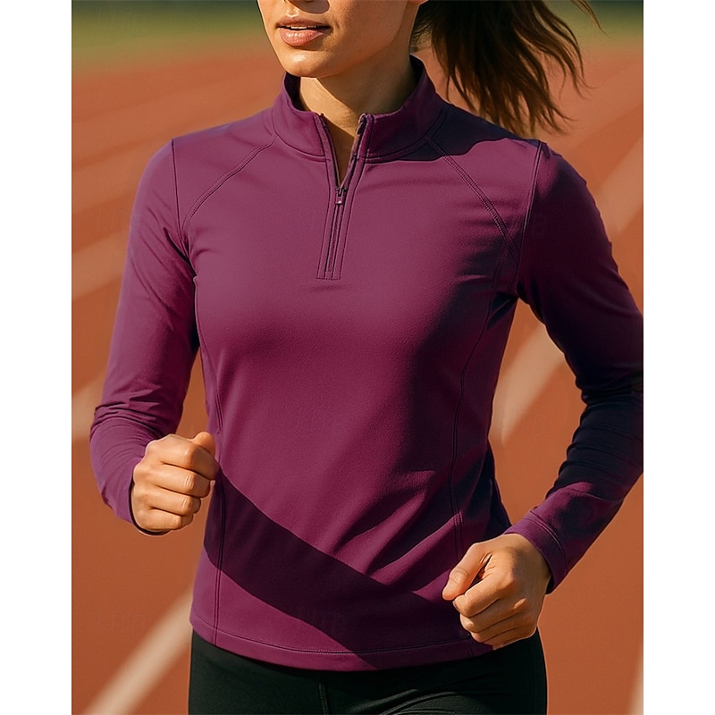 Women's Sweatshirt Running Top Golf Polo Shirt Running Shirt Slim Quarter Zip Long Sleeve Top Solid Colored Quick Dry Lightweight Elastic Breathable Tennis Golf Running Sportswear Activewear Wine Red4