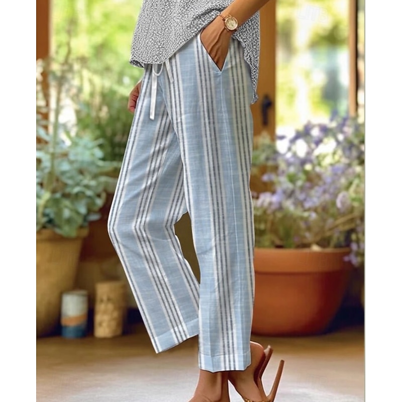 Women's Chinos Straight Vacation Vintage Ethnic Style Full Length High Waist Stripe Lines / Waves Stripe Soft Outdoor Breathable Micro-elastic Outdoor Vacation Casual White Blue Light Blue Fall Loose