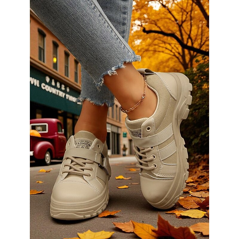 Women's Beige Lace-Up Canvas Sneakers with Durable Sole, Farm Work Shoes for Outdoor Labor, Harvest Festival and Gardening