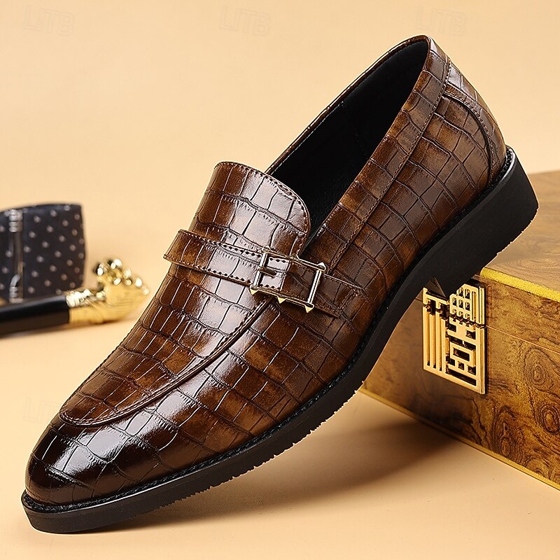 Men's Dark Brown Faux Leather Crocodile Pattern Loafers – Slip-On Business Casual Shoes for Office & Dinner Parties