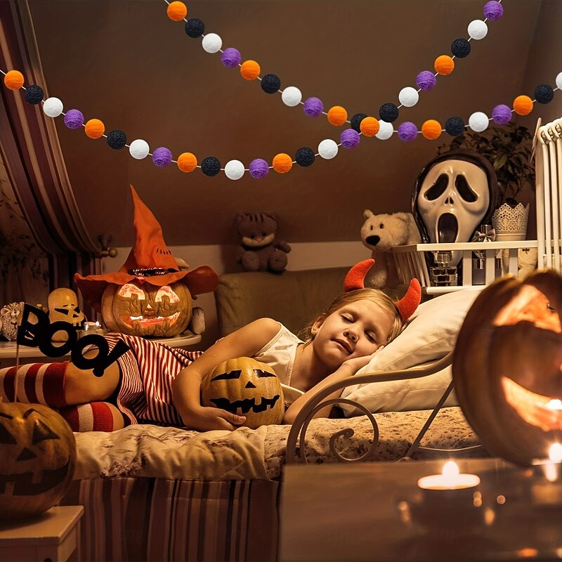 4 Pieces Halloween Felt Pom Poms Garland Ball 6.6ft Hanging Banner Ball Garland for Wall Decoration Festivals Room Home Wedding Birthday Party3