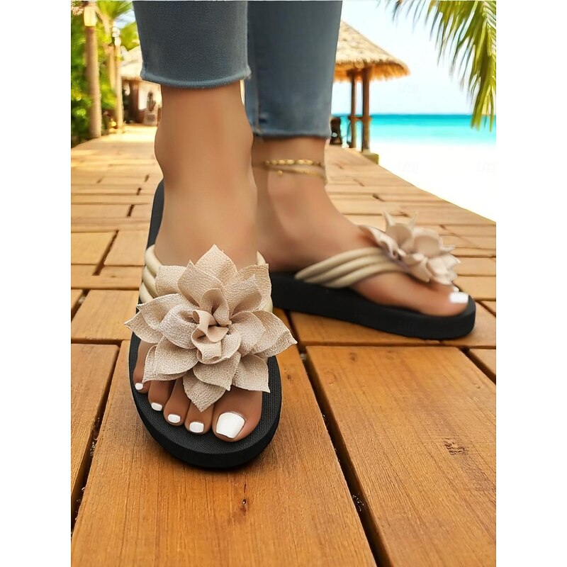 Women's Beige Flower Flip Flops with Cushioned Sole  Casual Beach Sandals for Summer Vacations and Poolside Relaxation3
