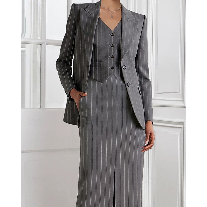 3 Pieces Tuxedo Dress Sets Sheath / Column Formal Wedding Guest Stretch Crepe Pinstripe Elegant Simple Long Sleeve Tea Length Peak Lapel Single Breasted2