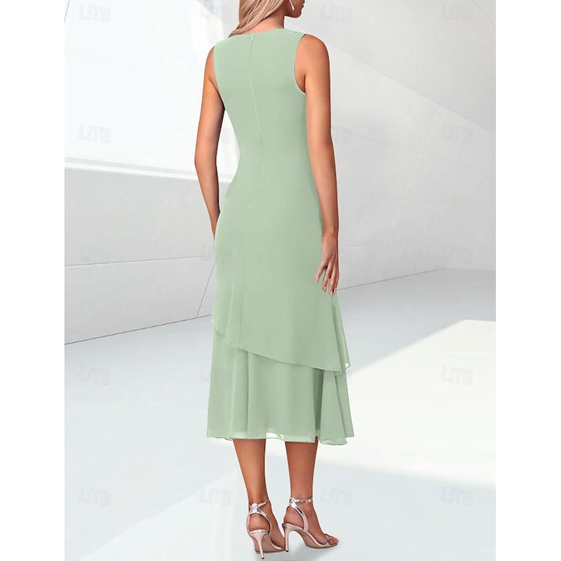 Beach Wedding Sheath Mother of the Bride Dress Elegant Jewel Neck Tea Length Chiffon 3/4 Length Sleeve Wrap Included with Ruching3