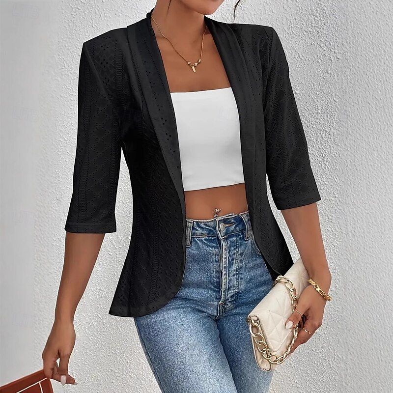 Women's Casual Jacket Breathable Quick Dry Lace Casual Office / Career Collarless Regular Fit 3/4 Length Sleeve Outerwear Black White Violet Spring Fall3