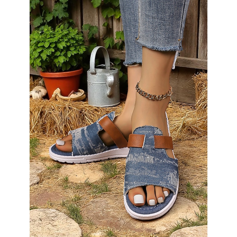 Women's Denim Slip-On Sandals with Faux Leather Accents, Rustic Chic Farmhouse Style for Backyard BBQs, Country Walks and Casual Daily Wear3
