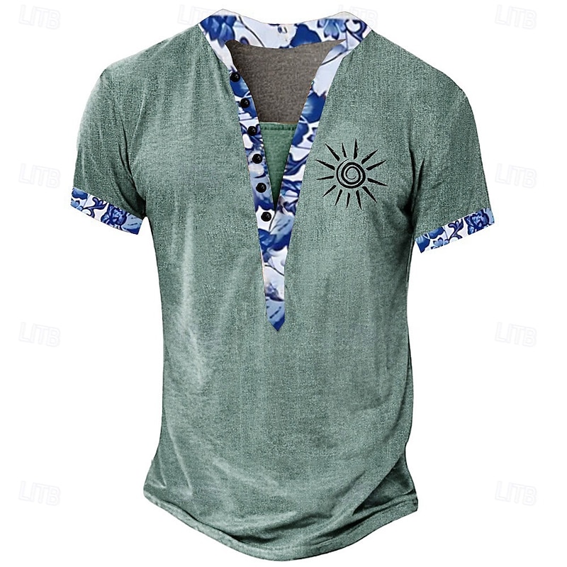Men's Floral T Shirt Henley Shirt Tee Short Sleeve Designer Basic Ethnic Outdoor Casual Daily Summer Light Green Dark Brown Khaki Henley Henley T-Shirt3