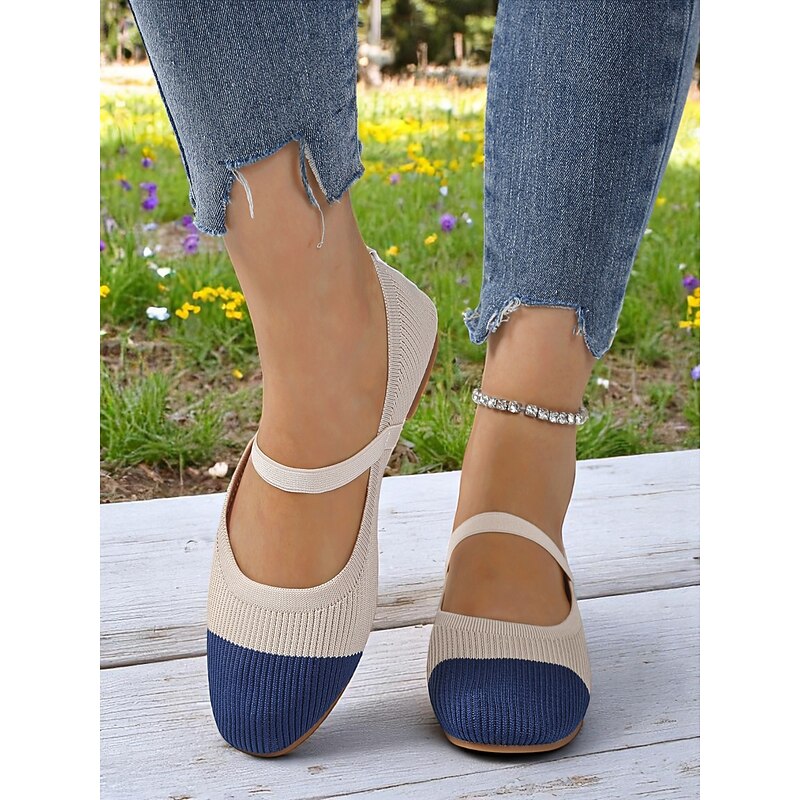 Women's Two-Tone Knit Ballet Flats with Strap – Breathable Casual Mary Jane Shoes for Daily Wear, Walking and Spring Outings3