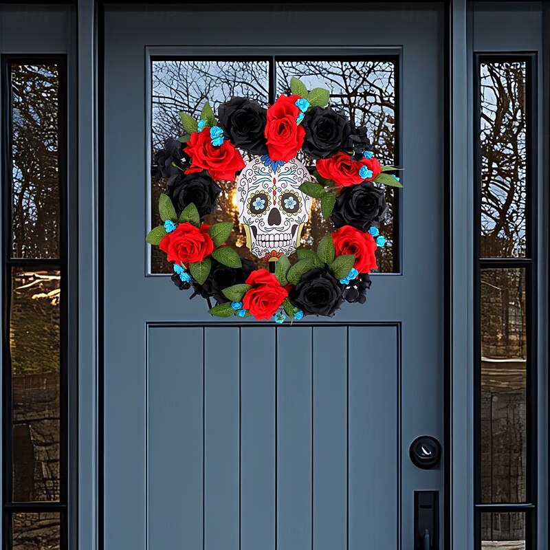 Halloween Wreaths for Front Door Indoor Outdoor Decoration, Day of the Dead Red Black Rose Wreath with Skull Sign for Window and Wall Decor2