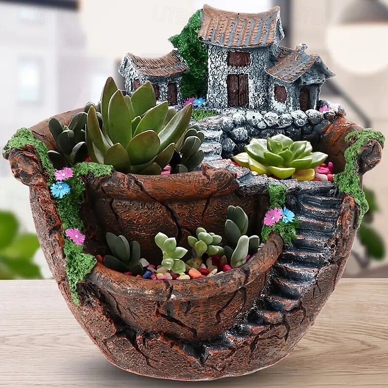 1pc Magic Garden Planting Pot - Fantasy Fairy House Design with stone walls ladders colorful flowers resin succulents and flower pots mini landscape containers for indoor and outdoor decoration4