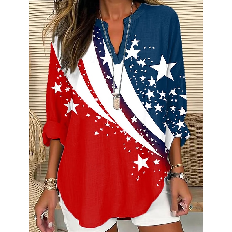 Women's Blouse Tunic V Neck Long Sleeve Boho Casual Patriotic Graphic Flag Vintage Stylish Regular Tops Daily Red