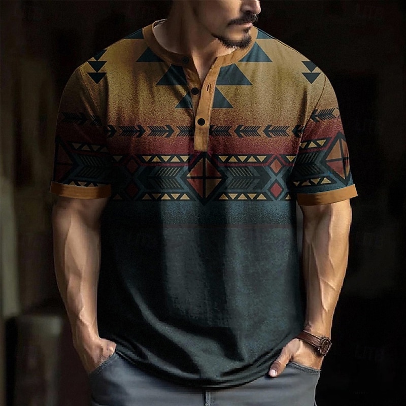 Men's Geometric Aztec T Shirt Henley Shirt Short Sleeve Designer Retro Vintage Trendy Street Casual Daily Summer Spring All Seasons Khaki Henley Henley T-Shirt
