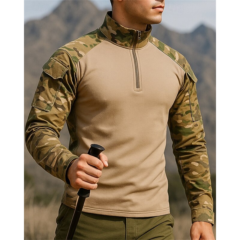 Men's Polo Sweatshirt Hiking top Long Sleeve Stand Collar Top Outdoor Breathable Quick Dry Lightweight Elastic Quarter-Zip Pullover Polyester Camo Army Green Light Brown Khaki Tennis Golf Running3