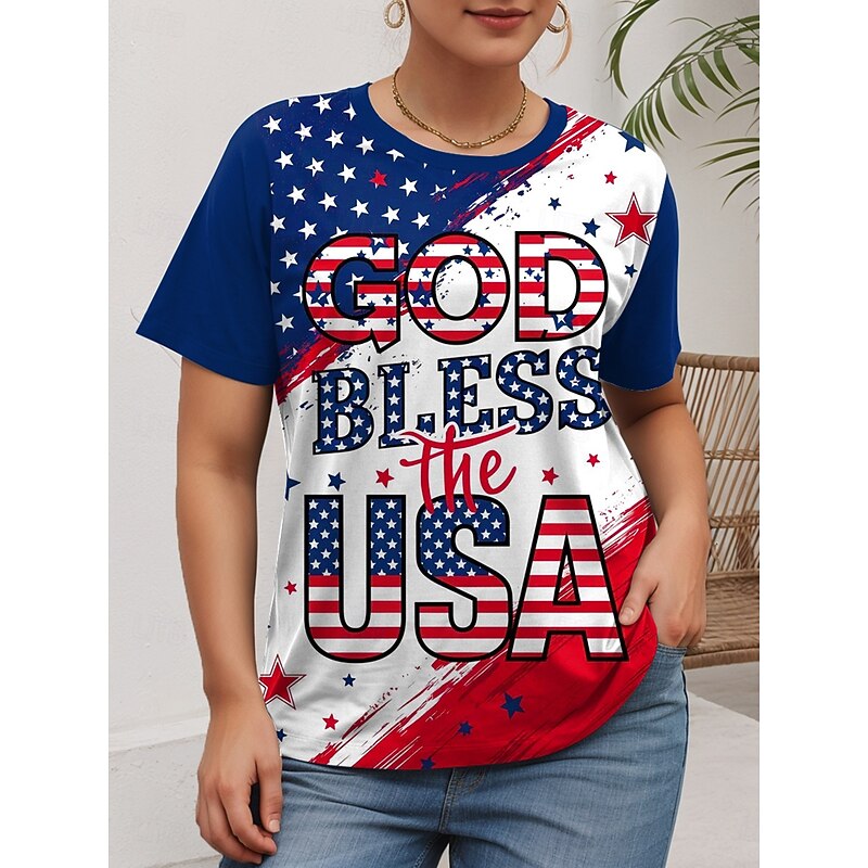 American Independence Day Women's Plus Size Tops T Shirt Graphic Flag Print Short Sleeve Crew Neck Casual Daily Polyester Summer Red Blue4