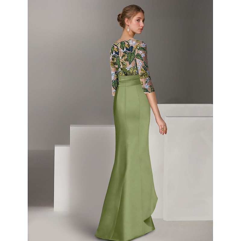 Floral Leaf Ruffles Embroidered Column Evening Gown Elegant Dress Formal Wedding Floor Length Half Sleeve Illusion Neck Satin with3