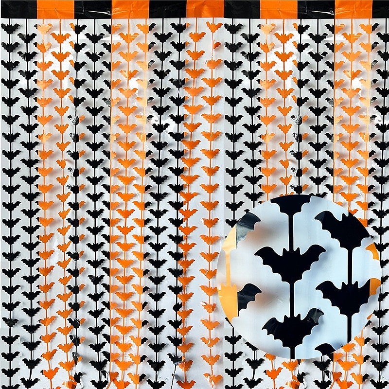 Halloween Foil Fringe Curtain Tinsel Curtain with Bat, Laser Pumpkin, Spider and Skull, Scary Party Backdrop for Halloween Decorations and Photo Booth Props