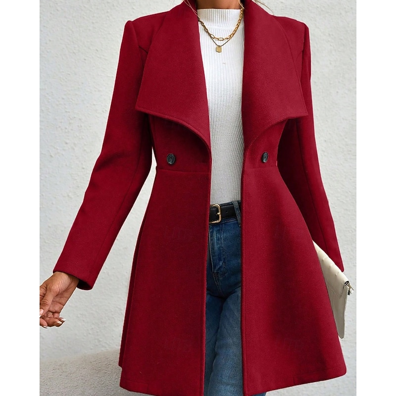 Women's Coat Warm Comfortable Pocket Buttons Fashion Plain Outdoor Vacation Double Breasted Long Turndown Regular Fit Long Sleeve Outerwear Black Red Camel Fall Winter