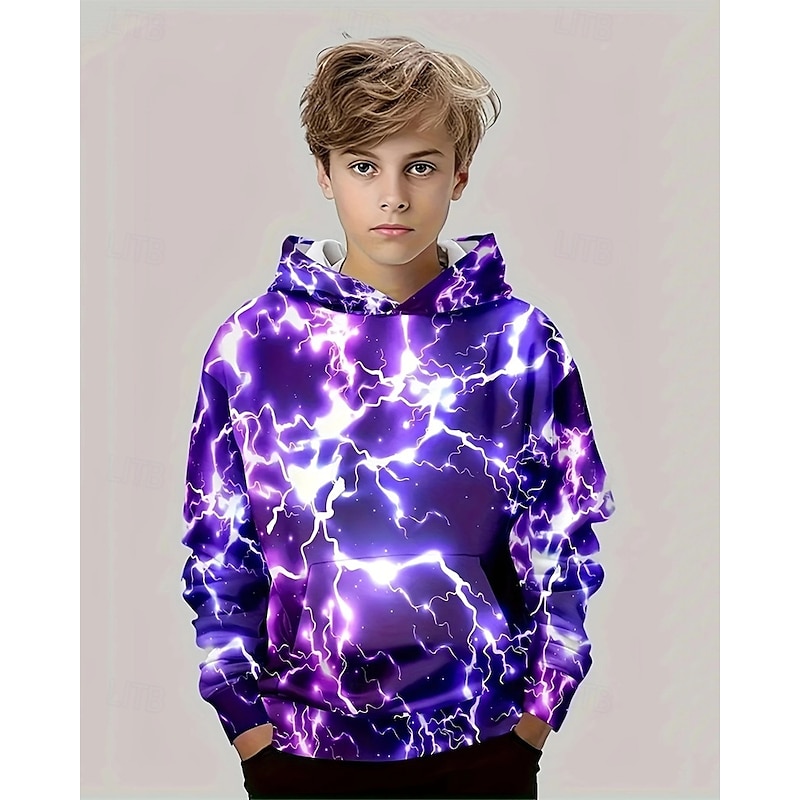 Boys' 3D Graphic Lightning Hoodie Long Sleeve Spring Fall Fashion Streetwear Kids 4-12 Years Hooded Outdoor Casual Daily Regular Fit